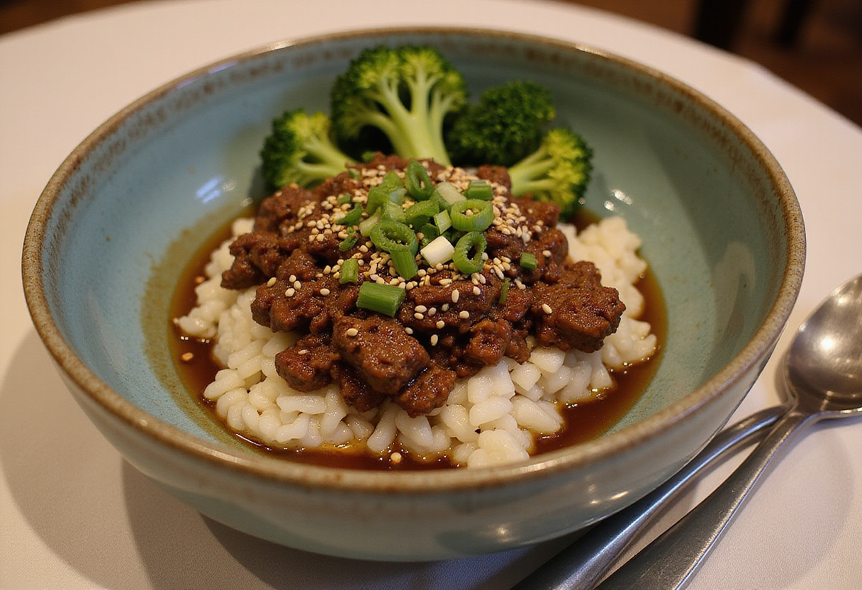 Delicious Korean Ground Beef Bowl ready to eat, featuring rice with seasoned ground beef, garnished with green onions and a side of broccoli.