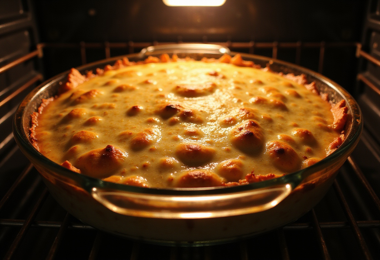 Casserole baking in the oven, showcasing the melted cheese on Loaded BBQ Bacon Tater Tot Casserole.