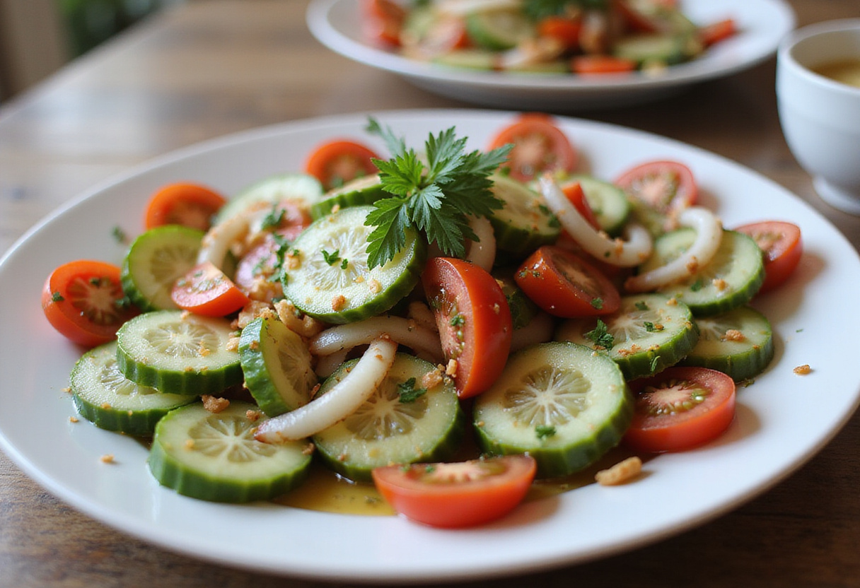 Finished dish of marinated cucumbers, onions, and tomatoes garnished and ready to be served.