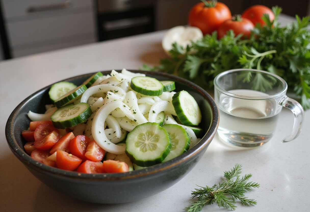 Preparing cucumbers, onions, and tomatoes for marination with vinegar and fresh dill.