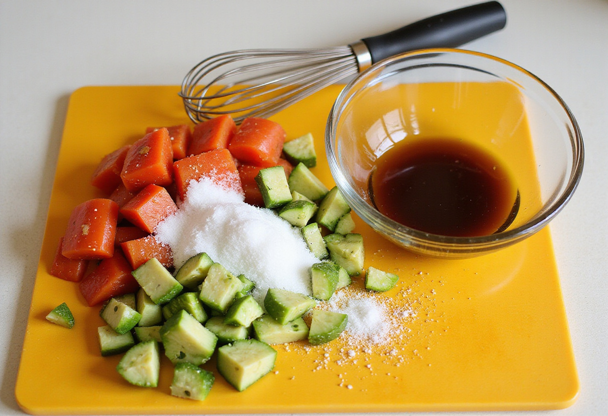 Combining sliced cucumbers, onions, and tomatoes with salt and sugar to enhance flavor in a marination process.