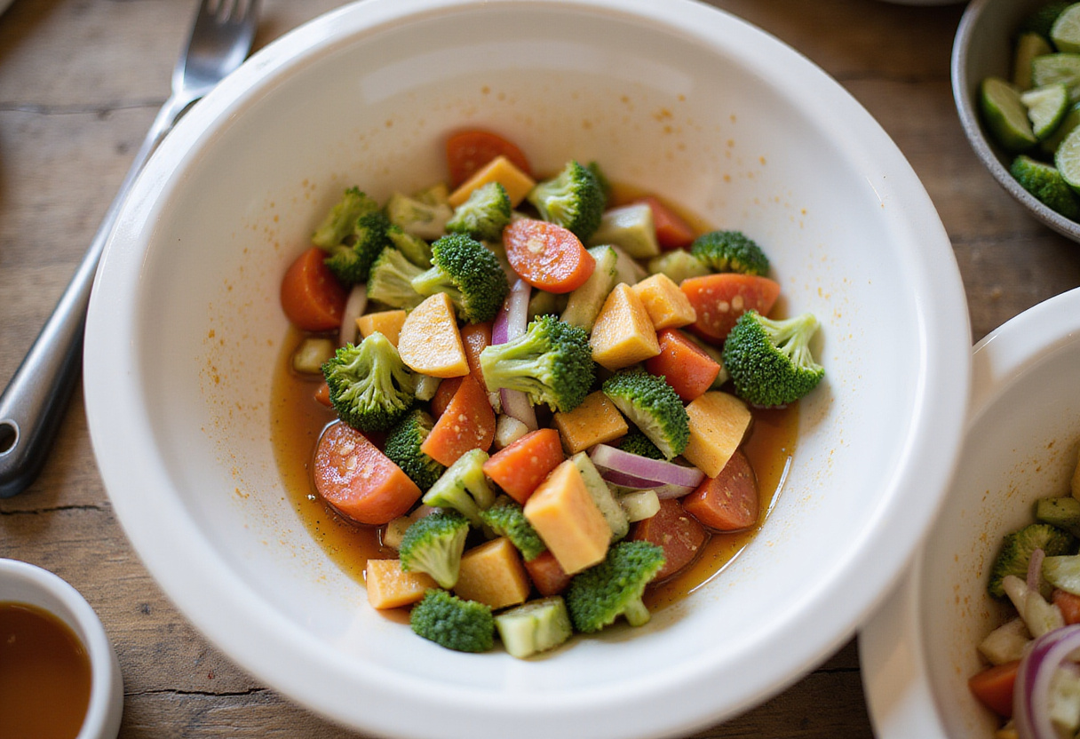Mixing marinated cucumbers, onions, and tomatoes in a bowl for a refreshing salad.