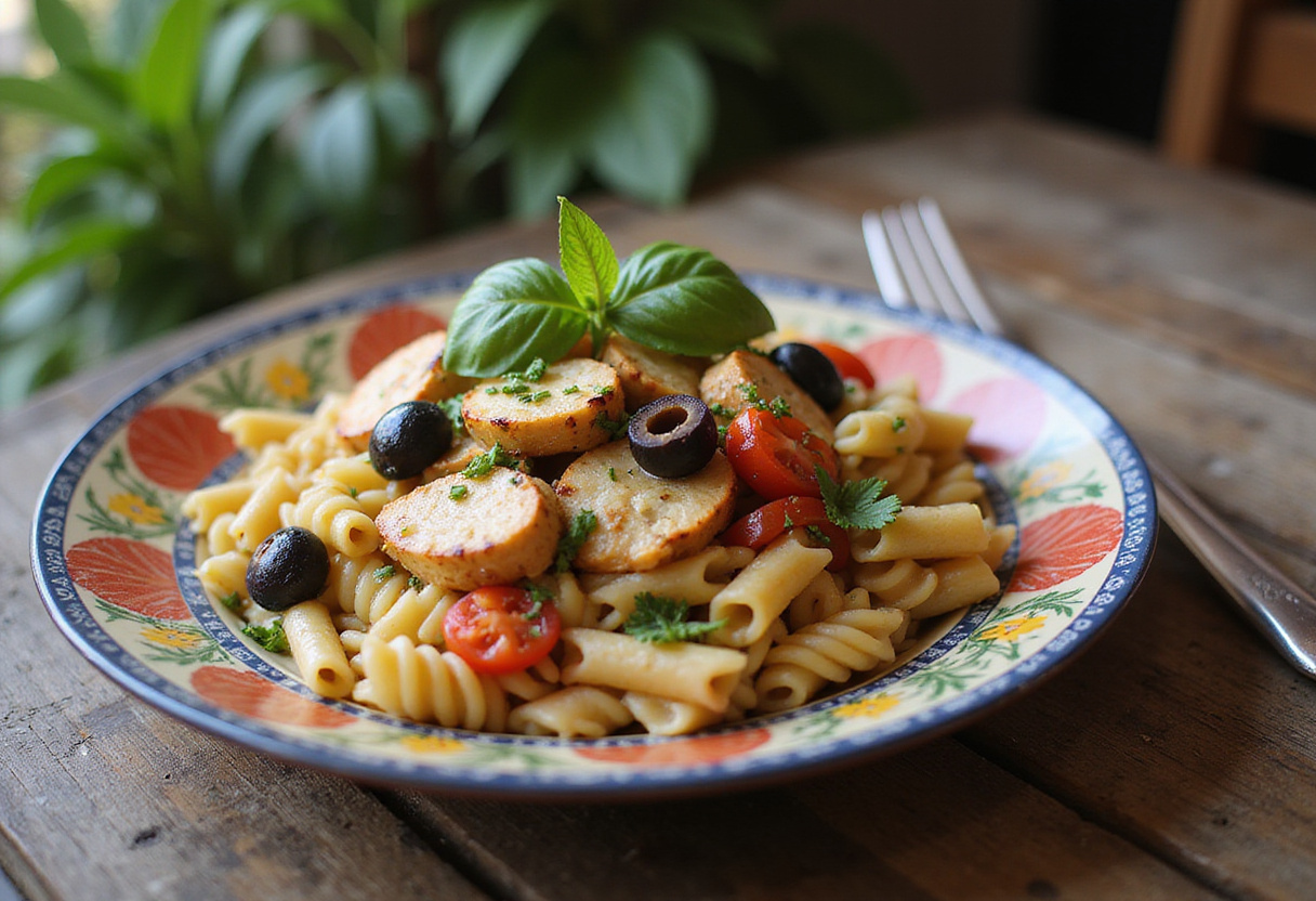 Plated Mediterranean Chicken Pasta Salad ready to serve, garnished with basil and olives, ideal for a summer meal or gathering.