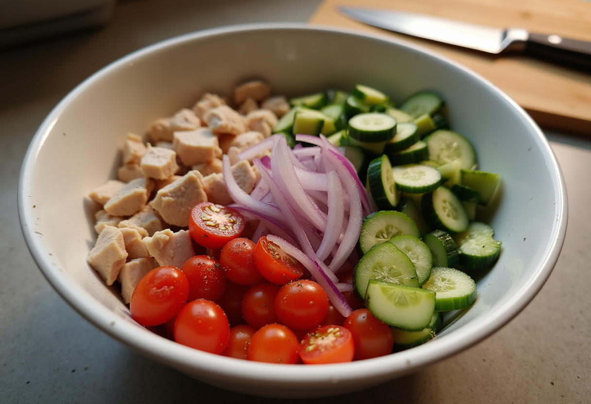 Mediterranean Chicken Pasta Salad ingredients, vibrant colors with cooked chicken, cherry tomatoes, cucumbers, and red onion in a mixing bowl.