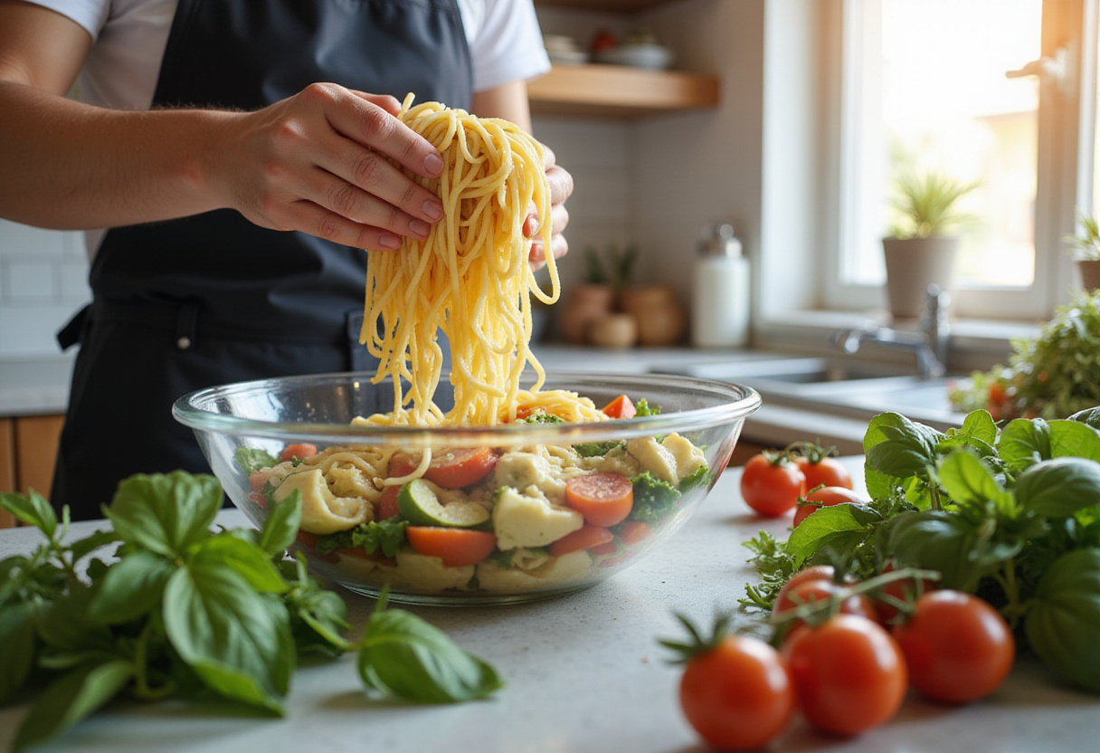 Preparing Mediterranean Chicken Pasta Salad by adding pasta to the mixing bowl, showcasing fresh herbs and colorful ingredients.