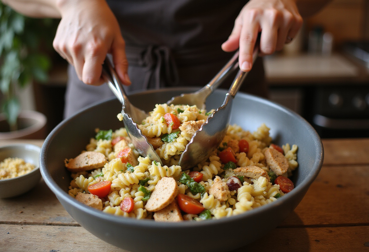 Tossing Mediterranean Chicken Pasta Salad with salad tongs, highlighting the mixing of ingredients in a cozy kitchen ambiance.