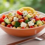 Delicious Mediterranean Chickpea Feta Salad displayed in a bowl, highlighting the colorful ingredients and freshness for a perfect healthy meal.