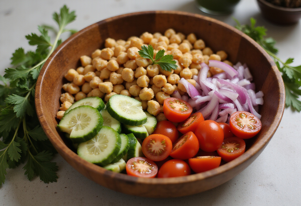 Mediterranean Chickpea Feta Salad ingredients including chickpeas, cucumber, tomatoes, and red onion on a countertop for a fresh salad preparation.