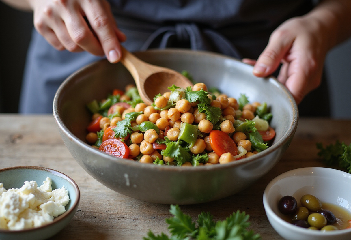 Tossing Mediterranean Chickpea Feta Salad ingredients together, showcasing vibrant vegetables and feta for a healthy dish.