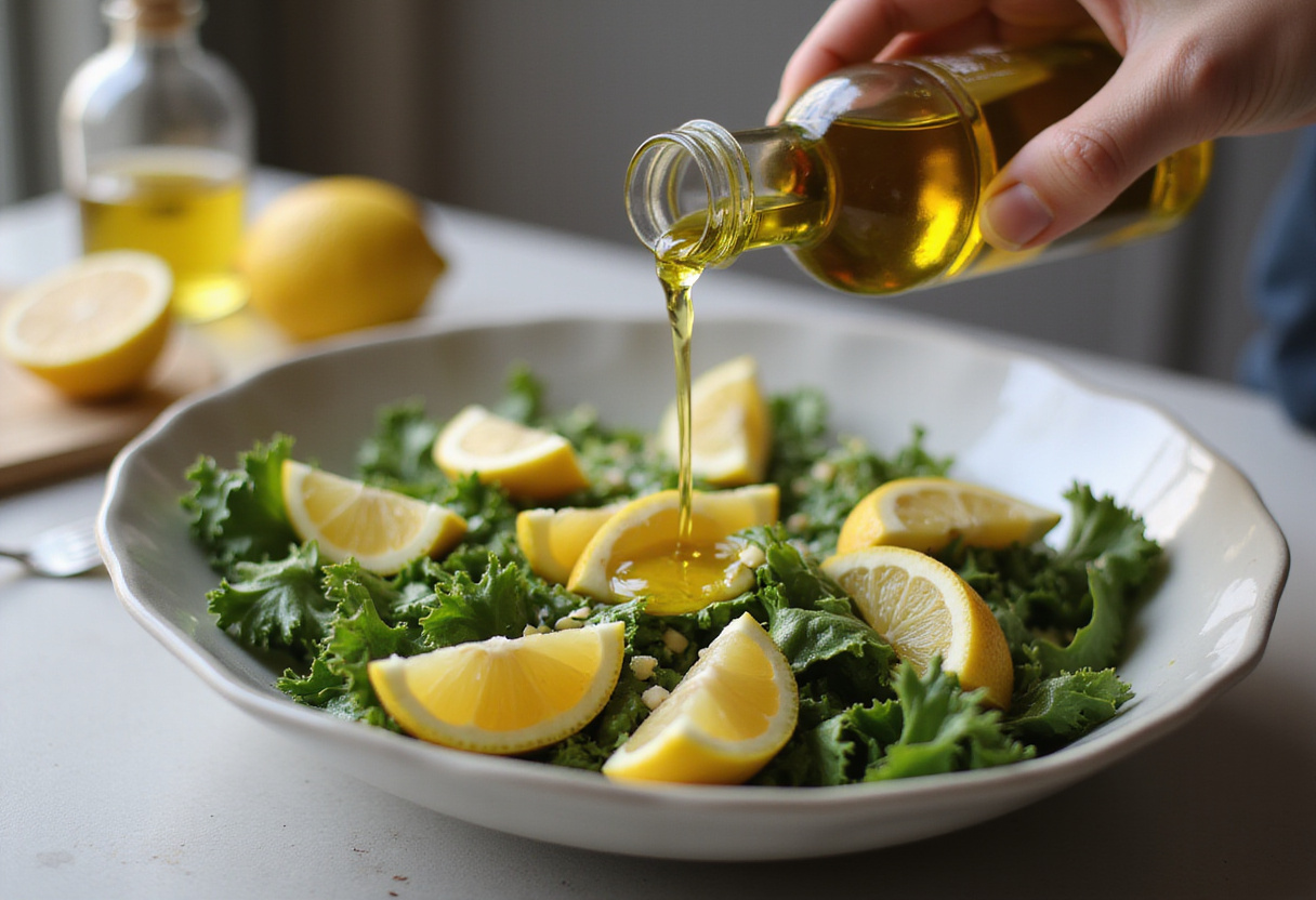 Adding lemon juice and olive oil to Mediterranean Chickpea Feta Salad for a zesty flavor enhancement.