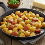 Delicious One-Pan Cheesy Ranch Potatoes and Sausage displayed ready to serve, garnished with herbs and cheese.