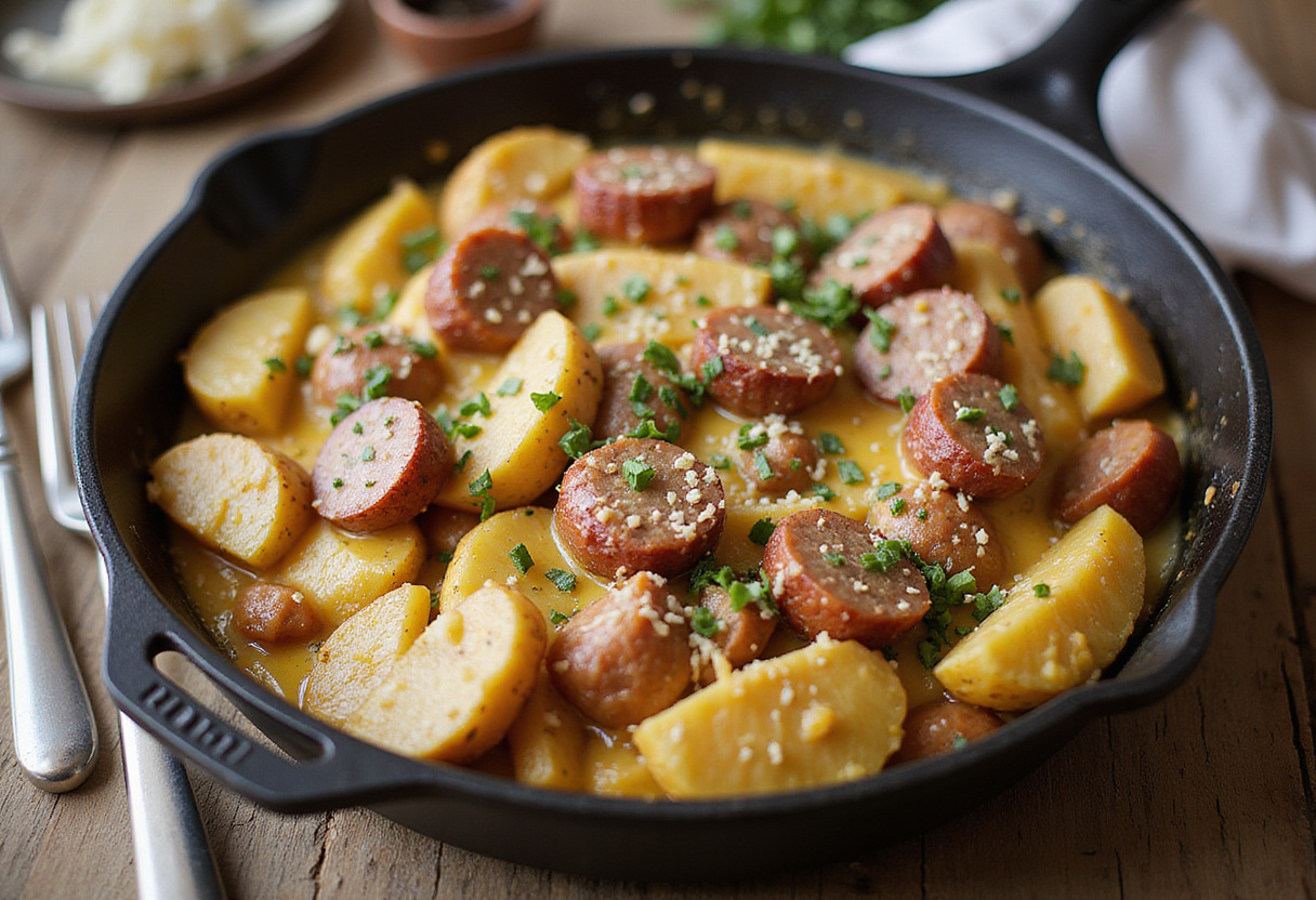 Delicious One-Pan Cheesy Ranch Potatoes and Sausage displayed ready to serve, garnished with herbs and cheese.