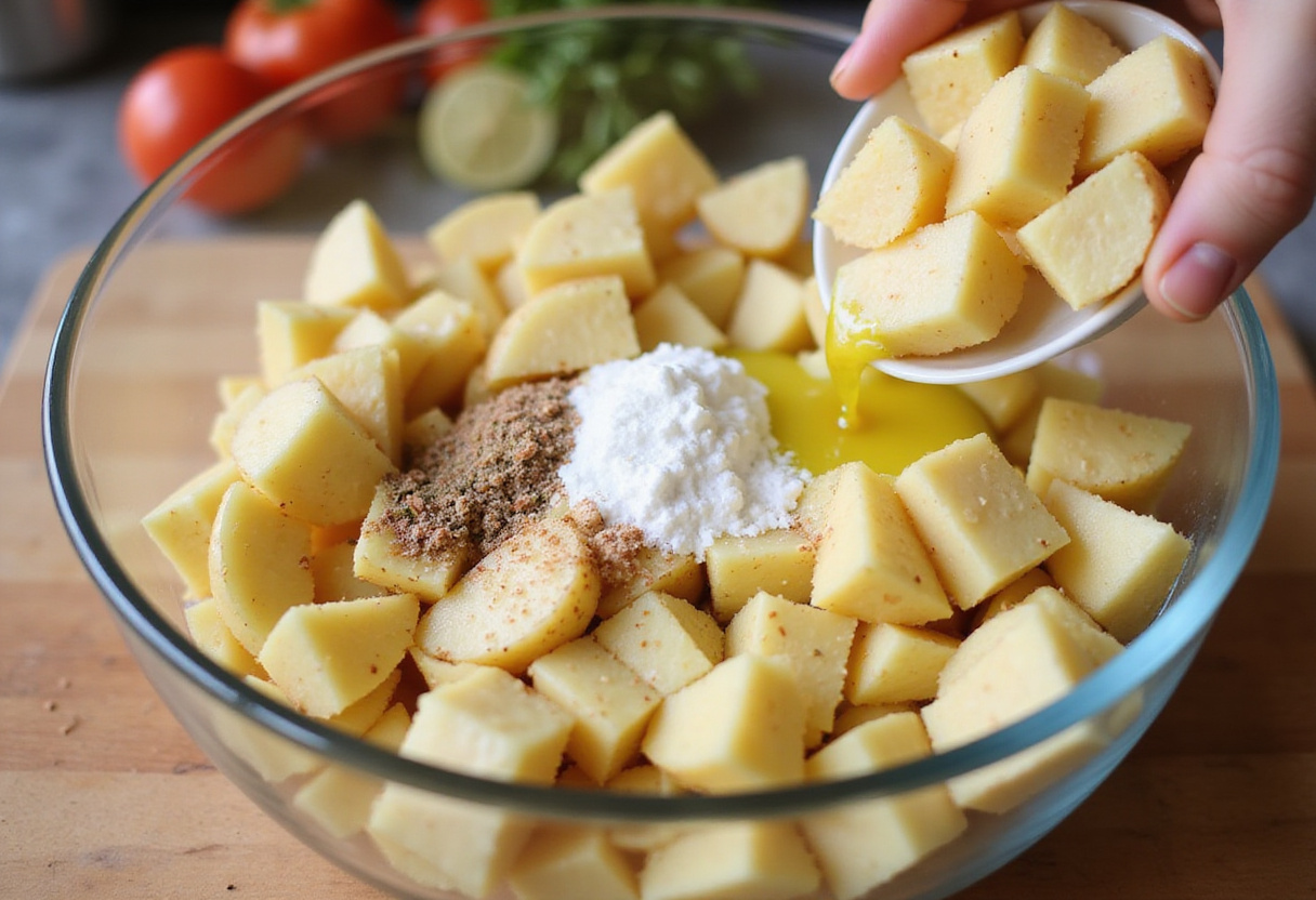 Preparation of One-Pan Cheesy Ranch Potatoes and Sausage with diced potatoes and ranch seasoning in a mixing bowl.