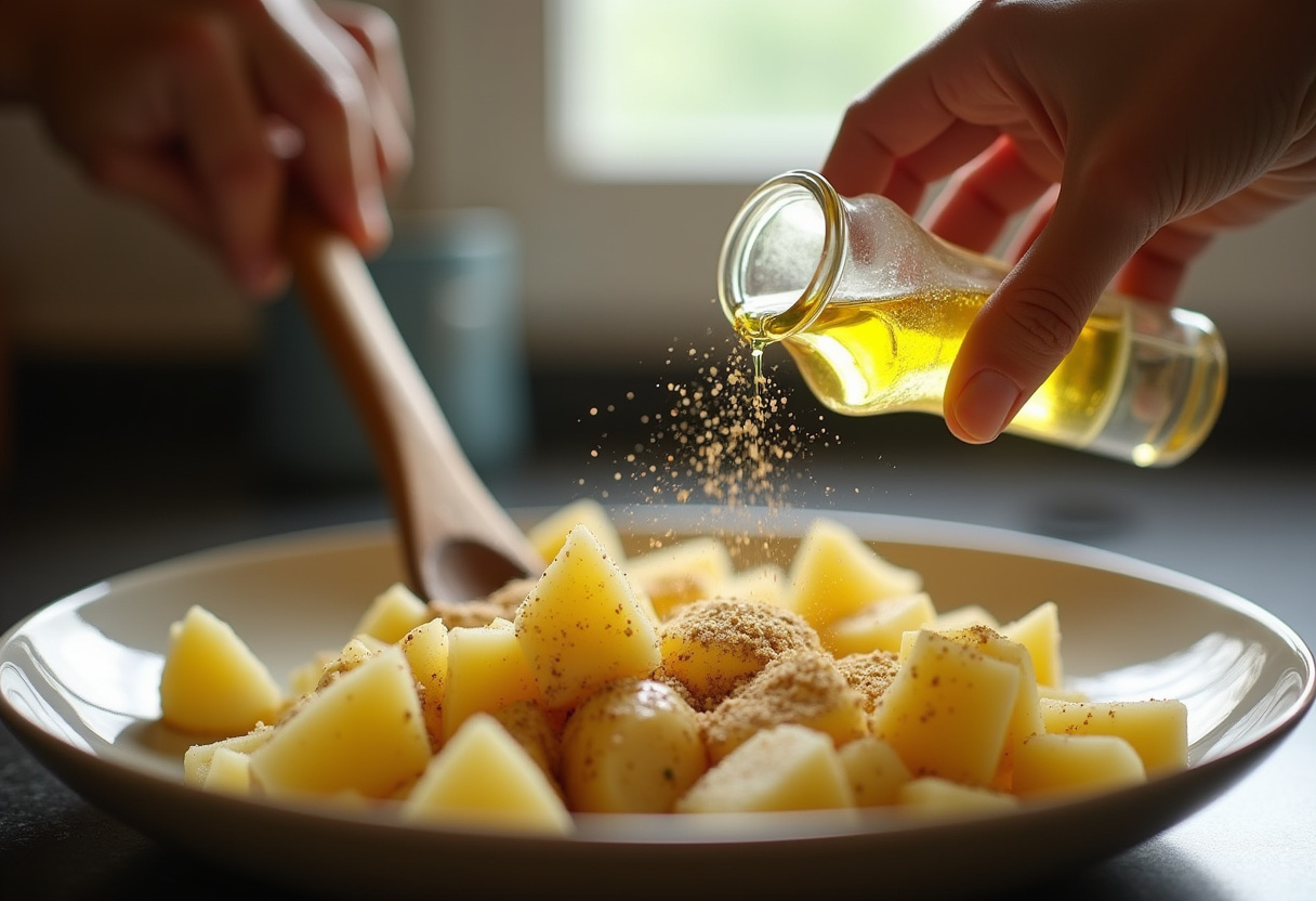 Mixing diced potatoes with ranch seasoning and olive oil for One-Pan Cheesy Ranch Potatoes and Sausage.
