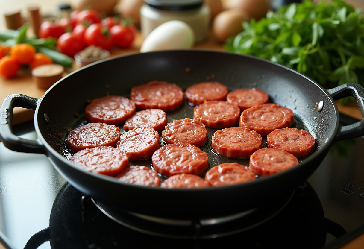 Browning sliced sausage for One-Pan Cheesy Ranch Potatoes and Sausage in a skillet on the stovetop.