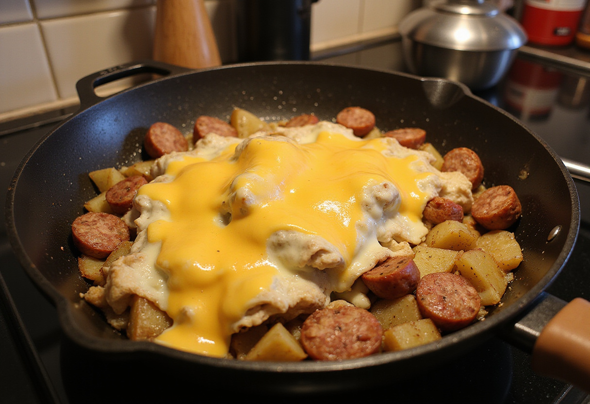 Combining seasoned potatoes and sausage in a skillet for One-Pan Cheesy Ranch Potatoes and Sausage, topped with melted cheese.