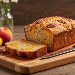 Sliced peach pecan bread on a wooden board, displaying its moist texture and chunks of fruit and nuts, perfect for a cozy meal.
