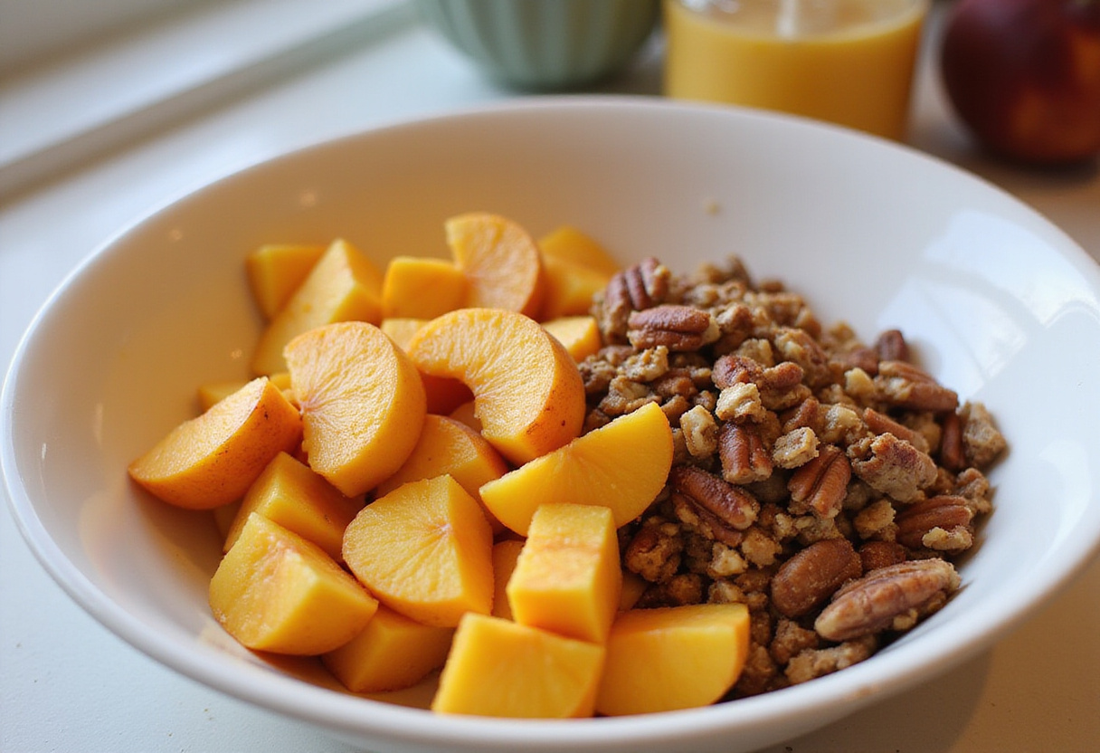 Chopped ripe peaches and crushed pecans set for making peach pecan bread, showcasing fresh and flavorful ingredients.
