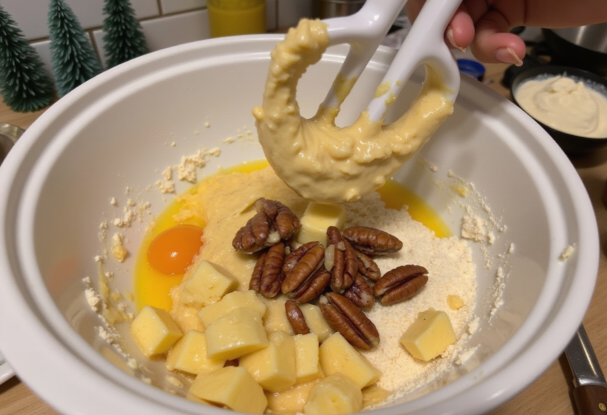 Mixing a creamy batter for peach pecan bread, highlighting the process of incorporating fresh peaches and crunchy pecans.
