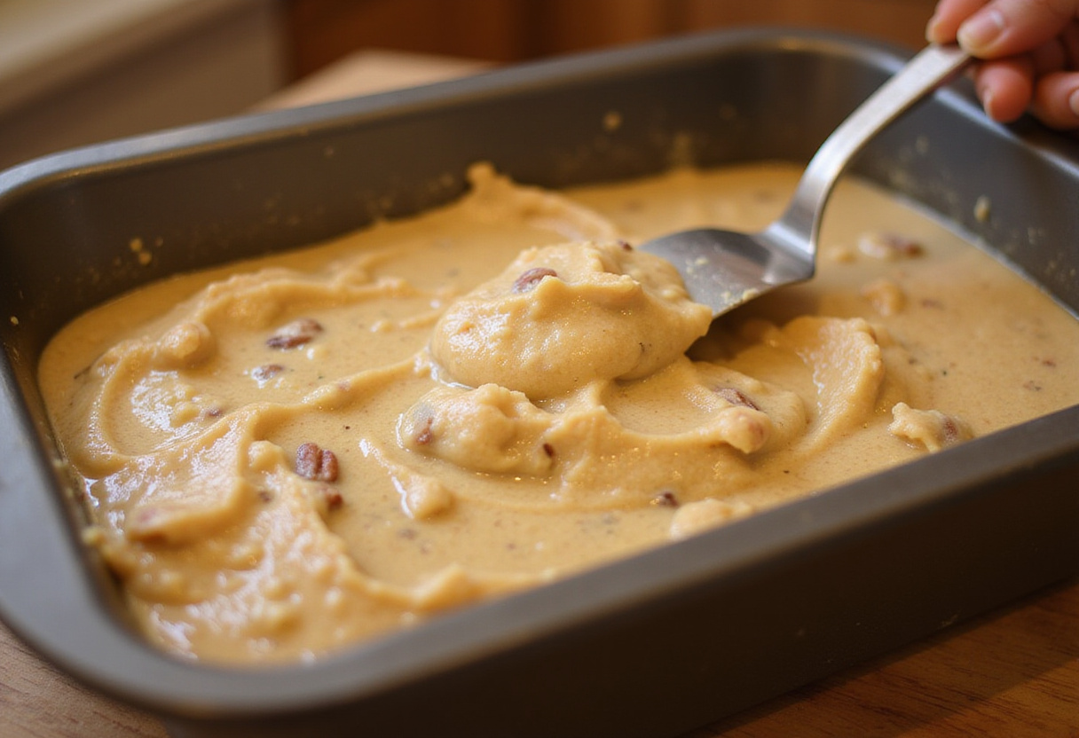Filling a loaf pan with batter for peach pecan bread, emphasizing the care taken to prepare this delicious homemade treat.