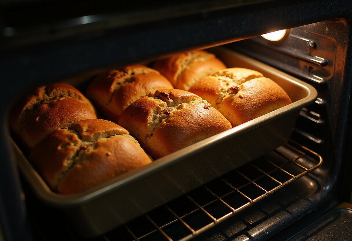 Peach pecan bread baking in the oven, capturing the warm atmosphere and sweet scent of fresh bread.