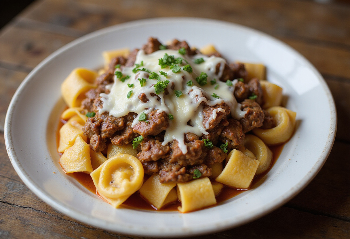 Final presentation of Philly Cheesesteak Tortellini Pasta, featuring tortellini, steak, sautéed vegetables, and melted cheese, perfect for a hearty meal.