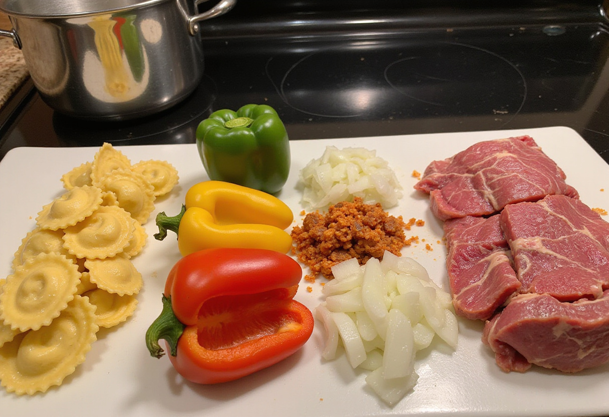 Ingredients for Philly Cheesesteak Tortellini Pasta, including tortellini, bell peppers, onions and steak, ready for cooking.