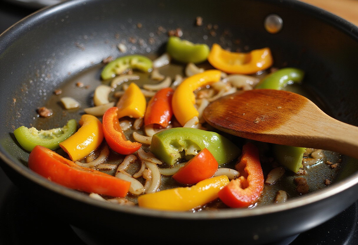 Sautéing bell peppers and onions for Philly Cheesesteak Tortellini Pasta in a skillet, creating delicious flavors.
