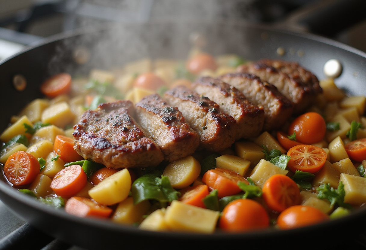Combination of cooked steak with sautéed vegetables in a skillet, essential for a flavorful Philly Cheesesteak Tortellini Pasta.