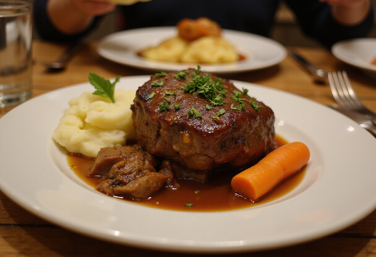 Delicious pot roast served with mashed potatoes and carrots for an easy and quick recipe presentation.