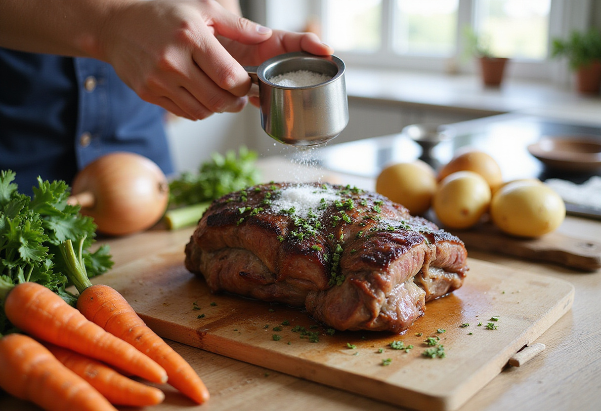 Seasoning pot roast with herbs and spices alongside fresh vegetables for an easy quick recipe.