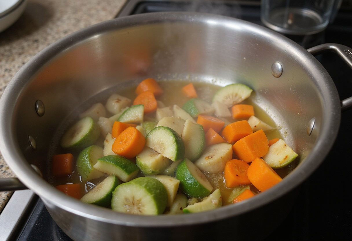 Searing vegetables in a pot on the stovetop for a flavorful base in a quick pot roast recipe.