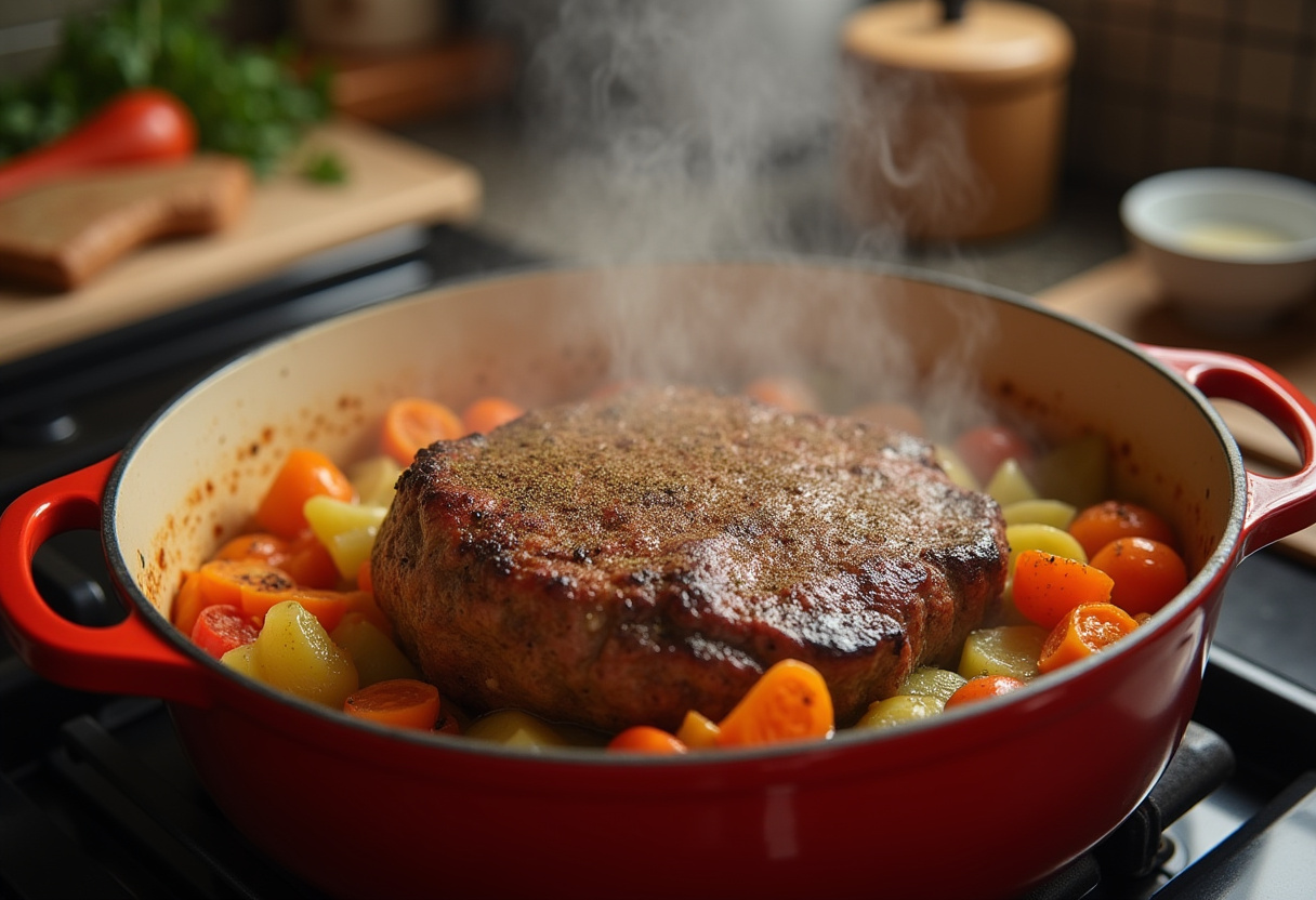 Placing seasoned pot roast in a pot with sautéed vegetables, creating a delicious easy meal.