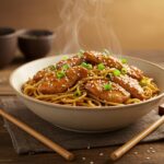 Quick and Flavorful Chicken Teriyaki Noodles served in a bowl, garnished with sesame seeds and green onions, showcasing a delectable dinner.