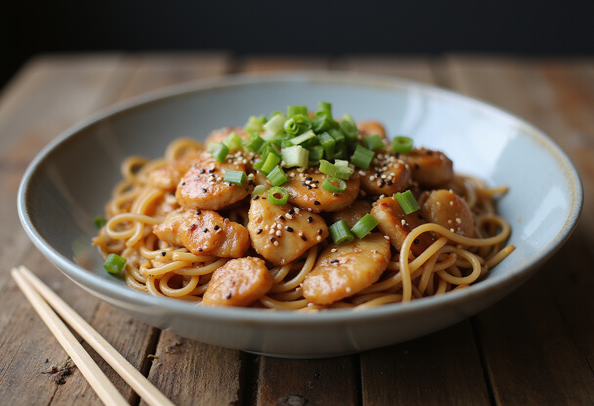 Quick and Flavorful Chicken Teriyaki Noodles served in a bowl, garnished with sesame seeds and green onions, showcasing a delectable dinner.