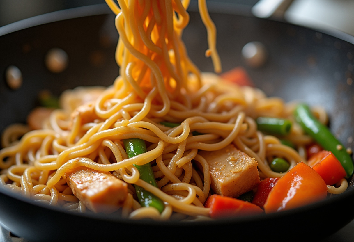 Quick and Flavorful Chicken Teriyaki Noodles, tossing noodles with teriyaki chicken and vegetables in a wok.