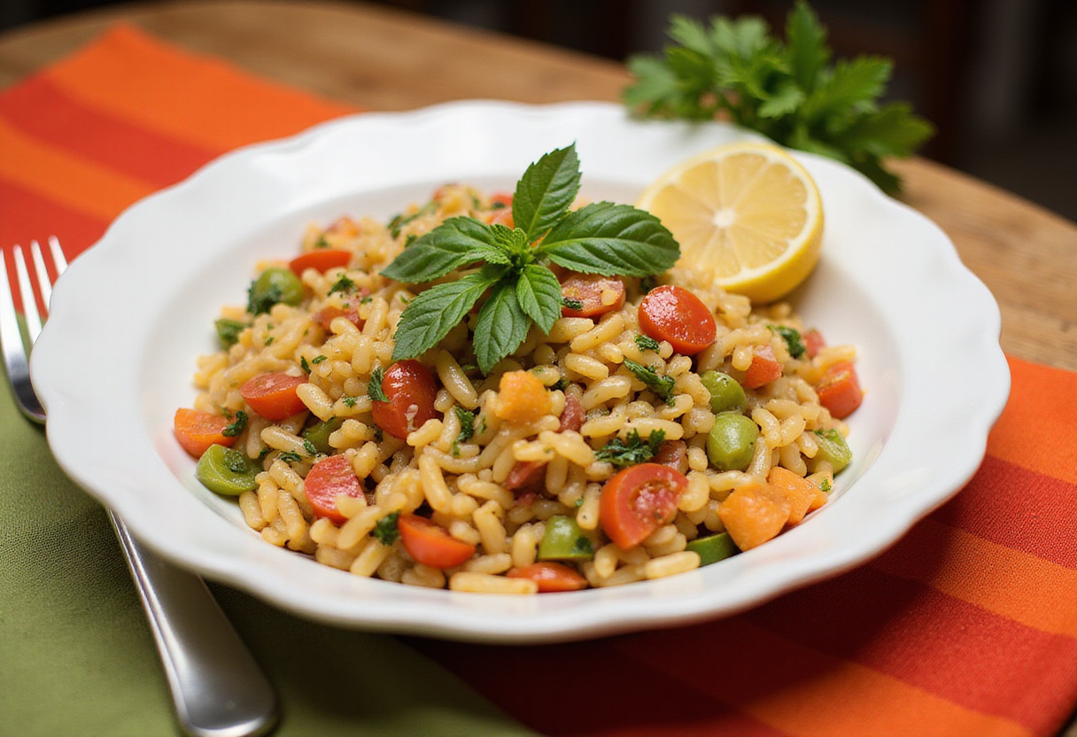 Final presentation of Rainbow Orzo Salad, showcasing its vibrant colors and fresh ingredients on a rustic wooden table.