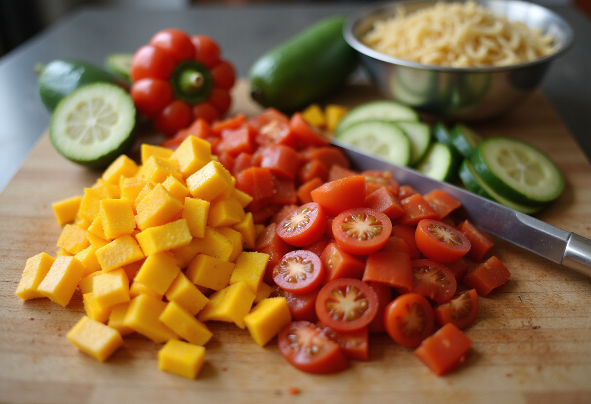 Chopping fresh vegetables for Rainbow Orzo Salad, showcasing bell peppers, cherry tomatoes, and cucumbers for vibrant flavors and colors.