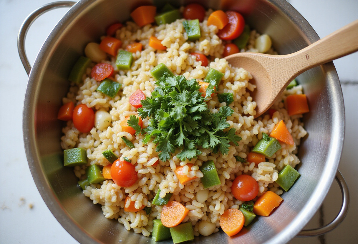 Combining cooked orzo with fresh vegetables and herbs in a large bowl for Rainbow Orzo Salad to create a fresh and tasty meal.