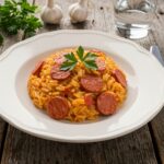 Deliciously served Riz au Chorizo et à la Tomate, presenting a vibrant and inviting meal perfect for sharing at the dinner table.