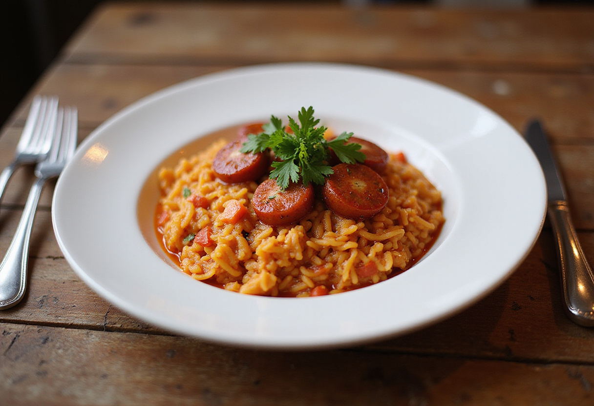 Deliciously served Riz au Chorizo et à la Tomate, presenting a vibrant and inviting meal perfect for sharing at the dinner table.