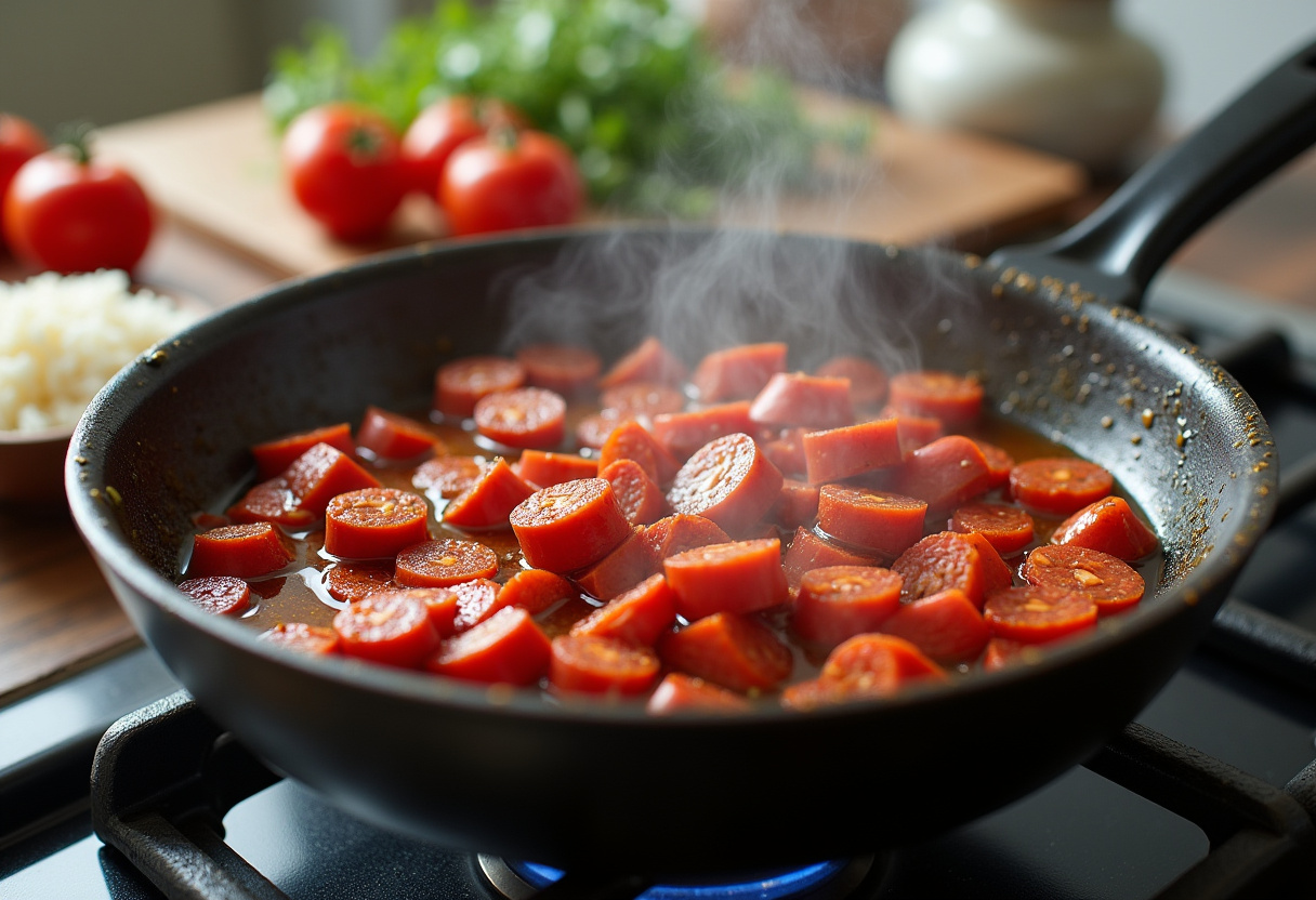 Sizzling chorizo in a pot for Riz au Chorizo et à la Tomate, capturing the essence of Spanish flavors.