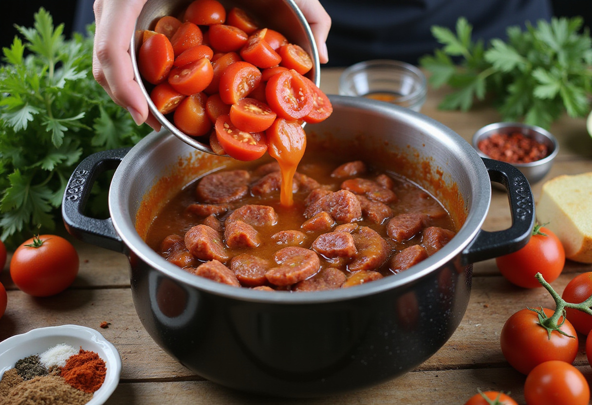 Pouring fresh diced tomatoes into the chorizo for a delicious Risotto de Chorizo et Tomate, highlighting rich and vibrant colors.