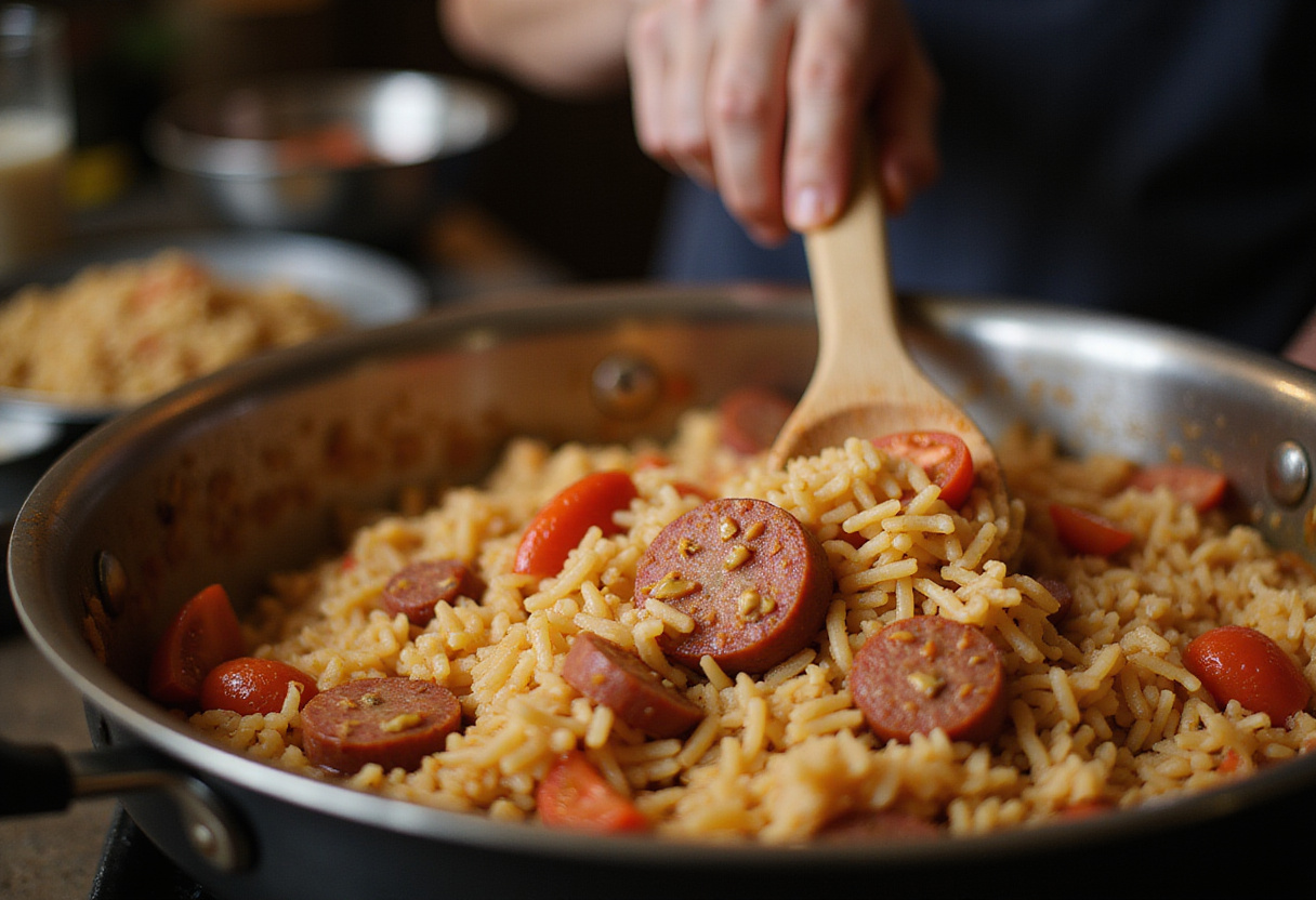 Stirring rice into the mixture of chorizo and tomatoes for Riz au Chorizo et à la Tomate, showcasing the blending of ingredients.