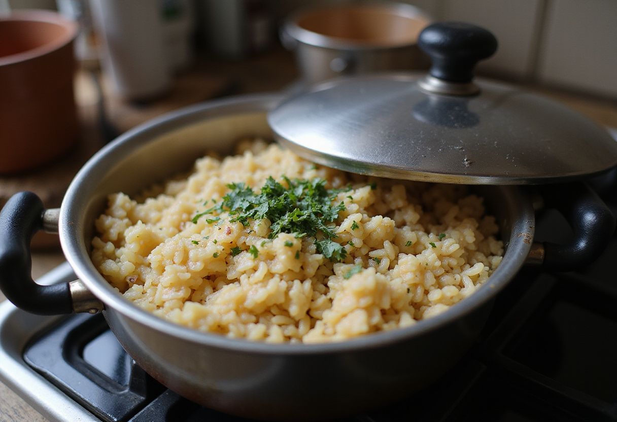 Cooking the flavorful Riz au Chorizo et à la Tomate on the stove, illustrating the process of blending flavors in a comforting kitchen atmosphere.