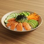 An exquisite Salmon Rice Bowl artfully presented with fresh ingredients, showcasing the vibrant colors and flavors of this healthy Japanese dish.