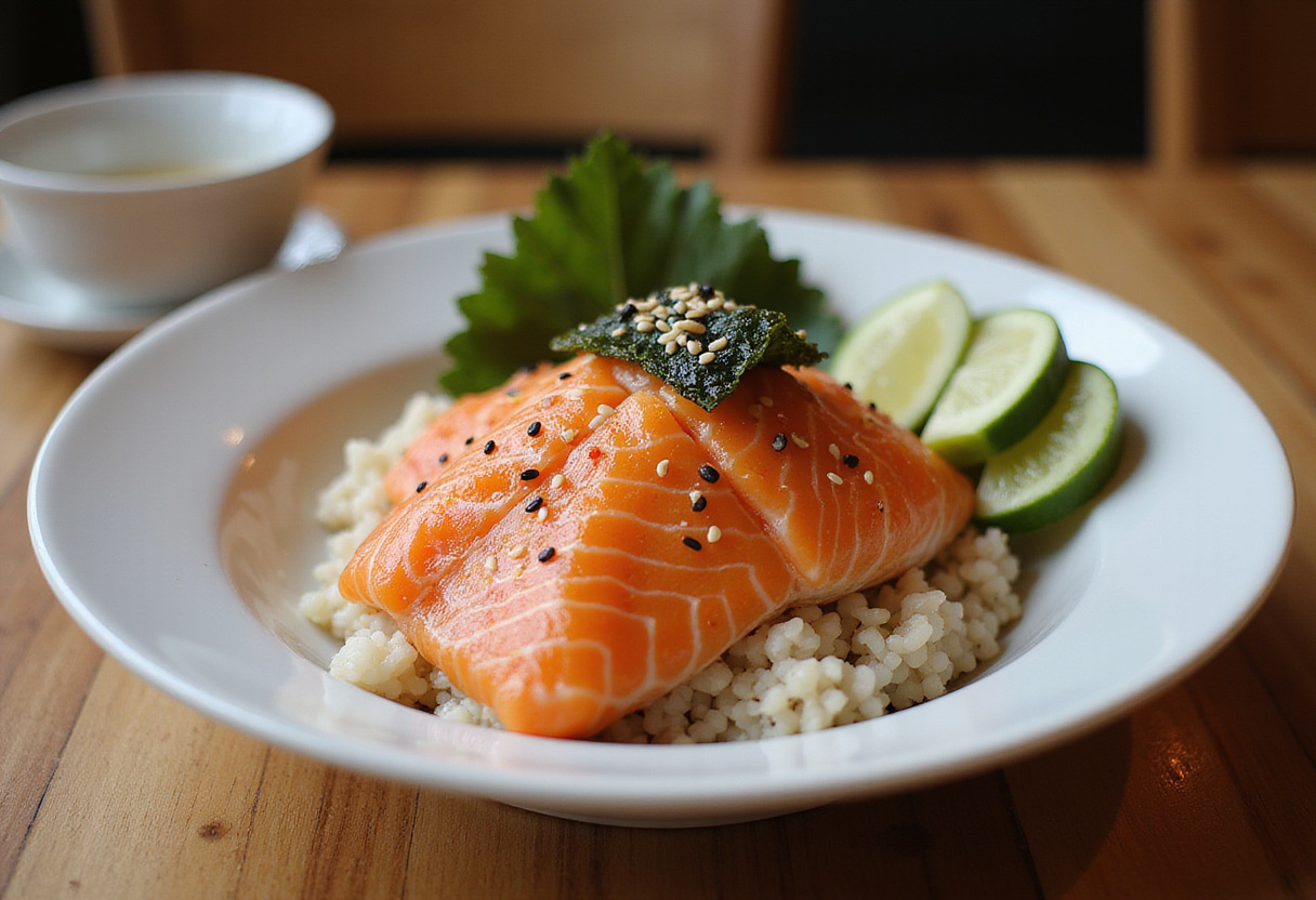 An exquisite Salmon Rice Bowl artfully presented with fresh ingredients, showcasing the vibrant colors and flavors of this healthy Japanese dish.