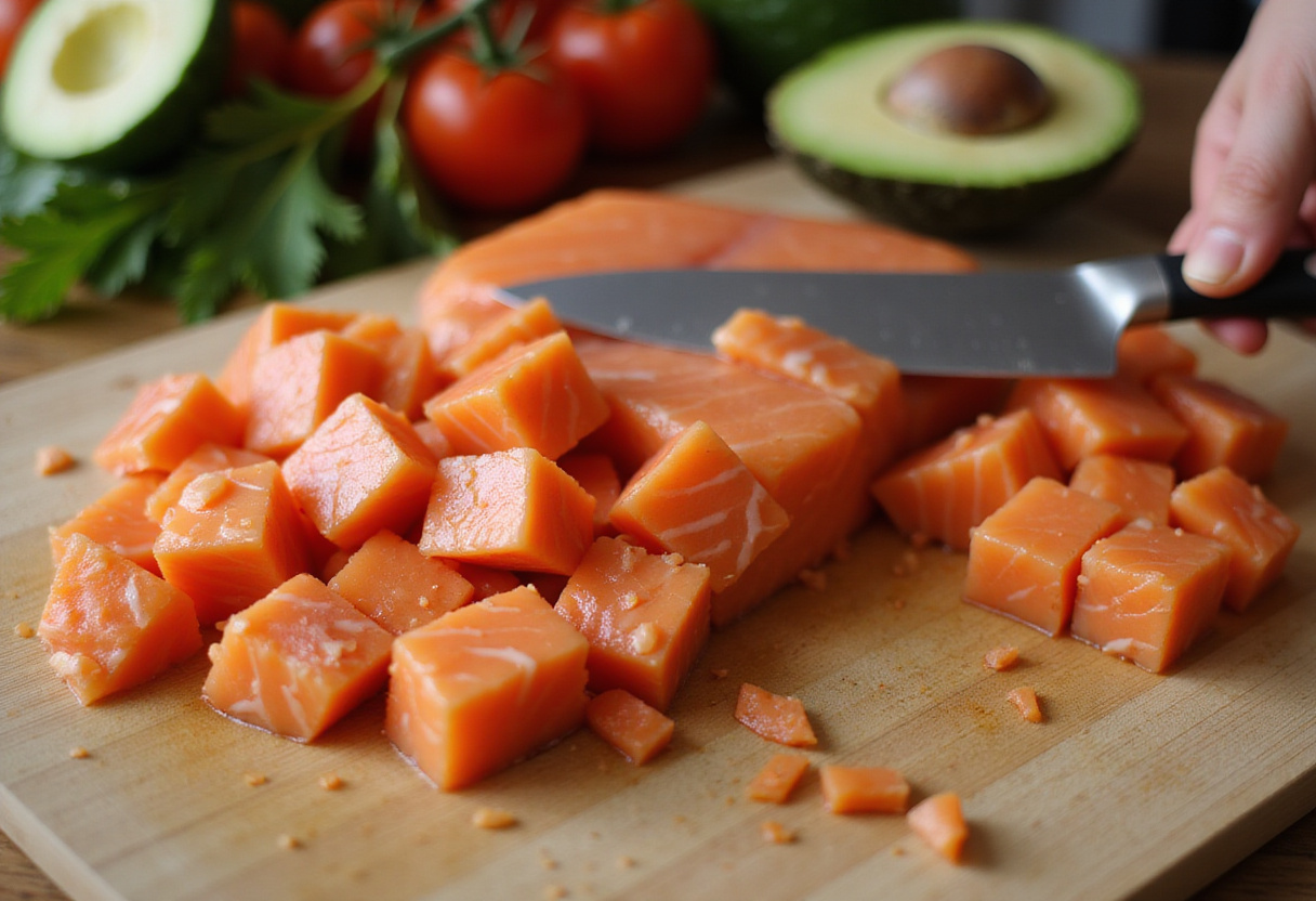 Fresh salmon cubes being prepared for a delicious Salmon Rice Bowl, showcasing vibrant ingredients like cucumber and avocado.