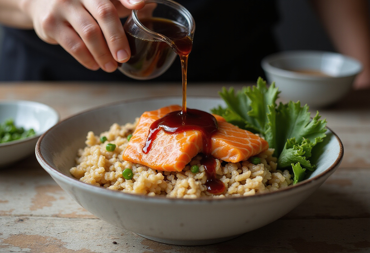 A finishing touch with soy sauce being drizzled over a Salmon Rice Bowl, enhancing the flavors and presentation of the dish.