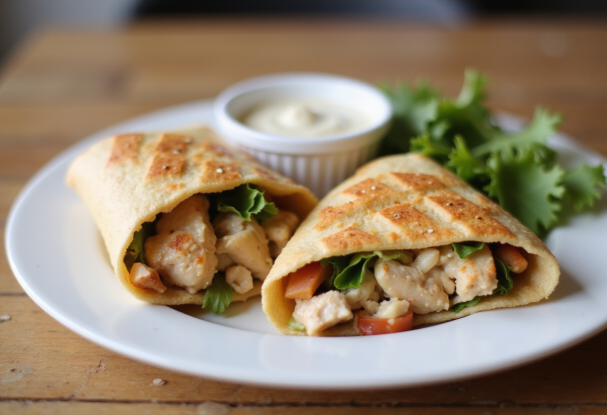 Savory chicken wraps with garlic cream sauce, beautifully presented for a delightful meal.